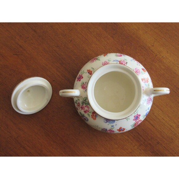 Erphila Dorset Cheery Chintz Sugar Bowl +Lid Vintage China Double Handle Germany - Picture 7 of 12